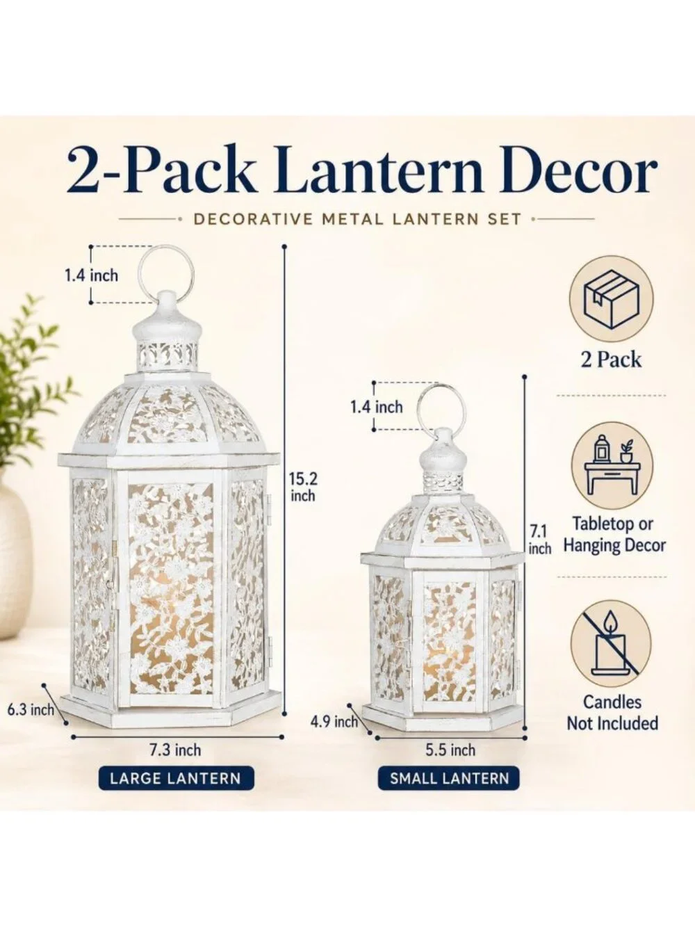 Set of 2 White Metal Lanterns - Decorative Candle Holders for Indoor & Outdoor